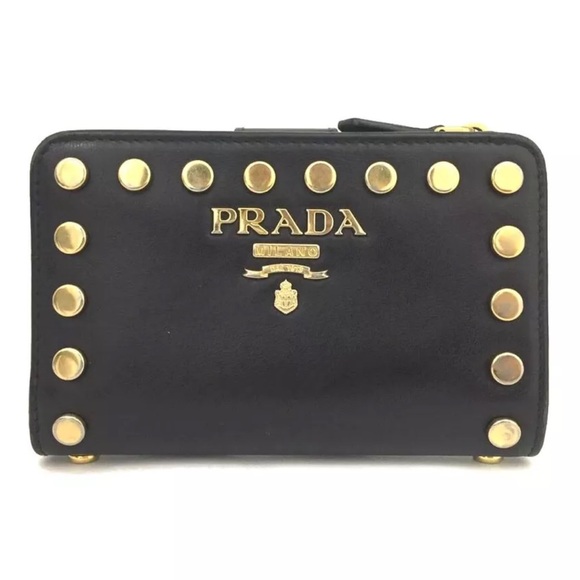 232 Preloved Prada Logo Studded Leather Bifold Wallet - Picture 1 of 9